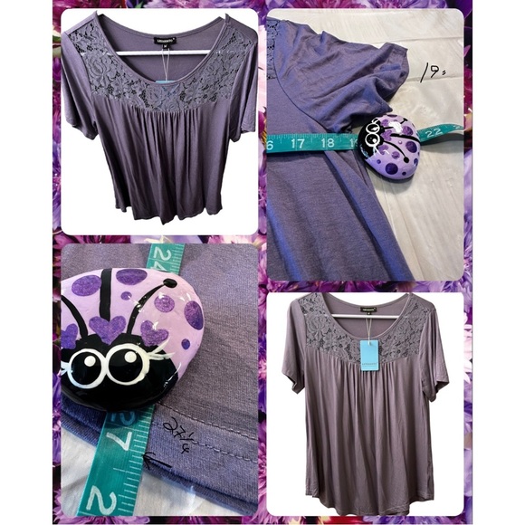 Lediosto Pleated Purple Knit Lace Top Short Sleeve Scoop Neck Size Medium - Picture 7 of 15